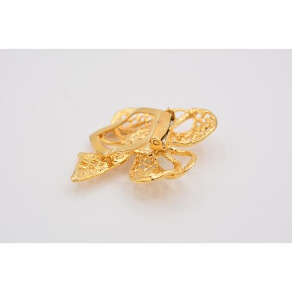 Vintage Bow Scarf Clip Faux Pearl Shiny Gold Tone Yellow Brushed 1980s 9B - Picture 11 of 12